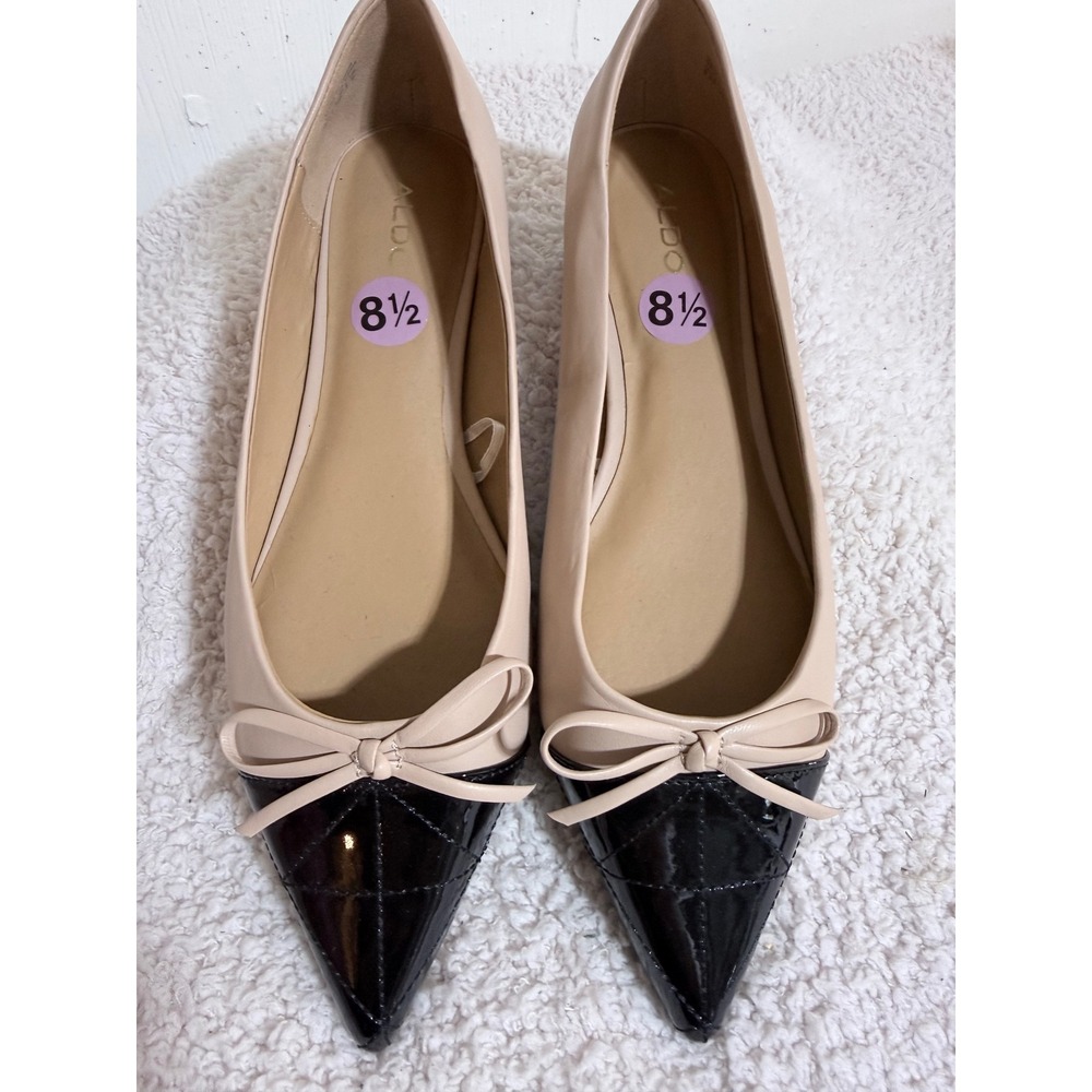 Aldo Ballet Flats Women 8.5 Beige Black Faux Leather Pointed Toe Bow Career